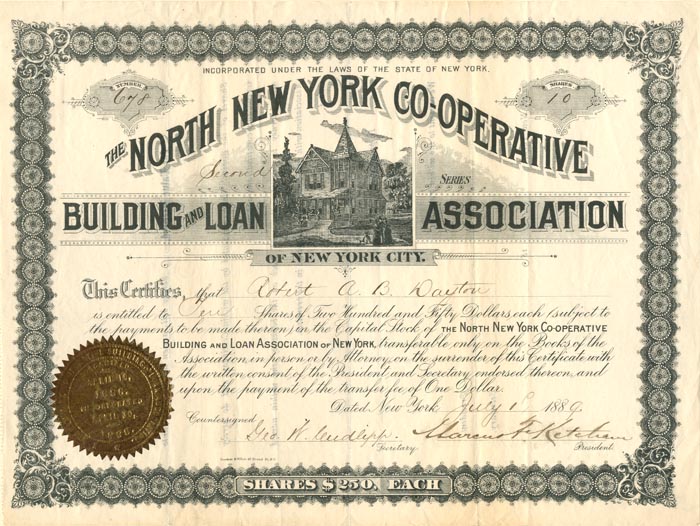 North New York Co-Operative Building and Loan Association of New York City - 1889 dated Stock Certificate